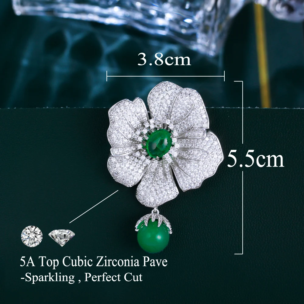 CWWZircons Super Luxury Cubic Zirconia Dangle Drop Green Bead Big Leaf Flower Brooches for Women Festive Party Jewelry BH023