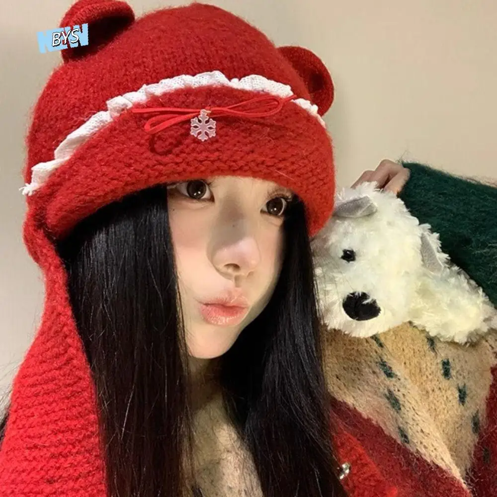 

Cute Sweet Bear Ear Knitted Hat Woolen Keep Warm Neck Collar Beanies Cap Bow Polyester Pullover Cap Autumn