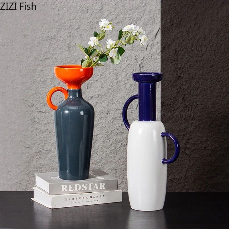 Creative Handle Ceramic Vase Flowers Pots Desk Decoration Flower Arrangement Color Blocked Decorative Vases Room Aesthetic Decor