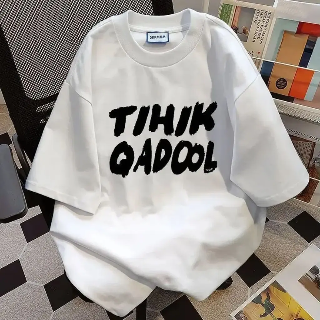 

Женская летняя футболка с короткими рукавами, 190 г, хлопок, свободный белый топ с буквенным принтом, студенческий стиль для мужчин и женщин, пар