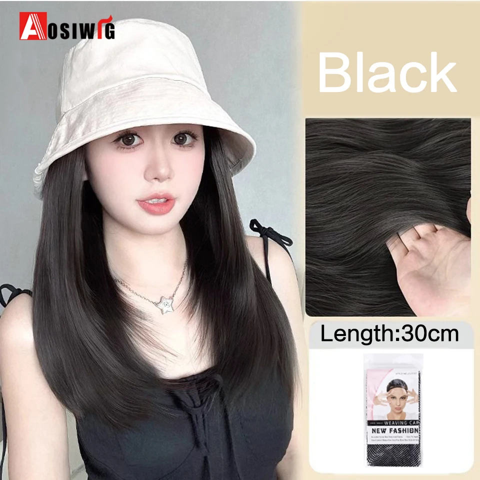 AOSI Synthetic Long Hair White Hat Wig Integrated style Long Straight Hair Fisherman Hat Summer Sunshade Hat Wig Women Hat WIg