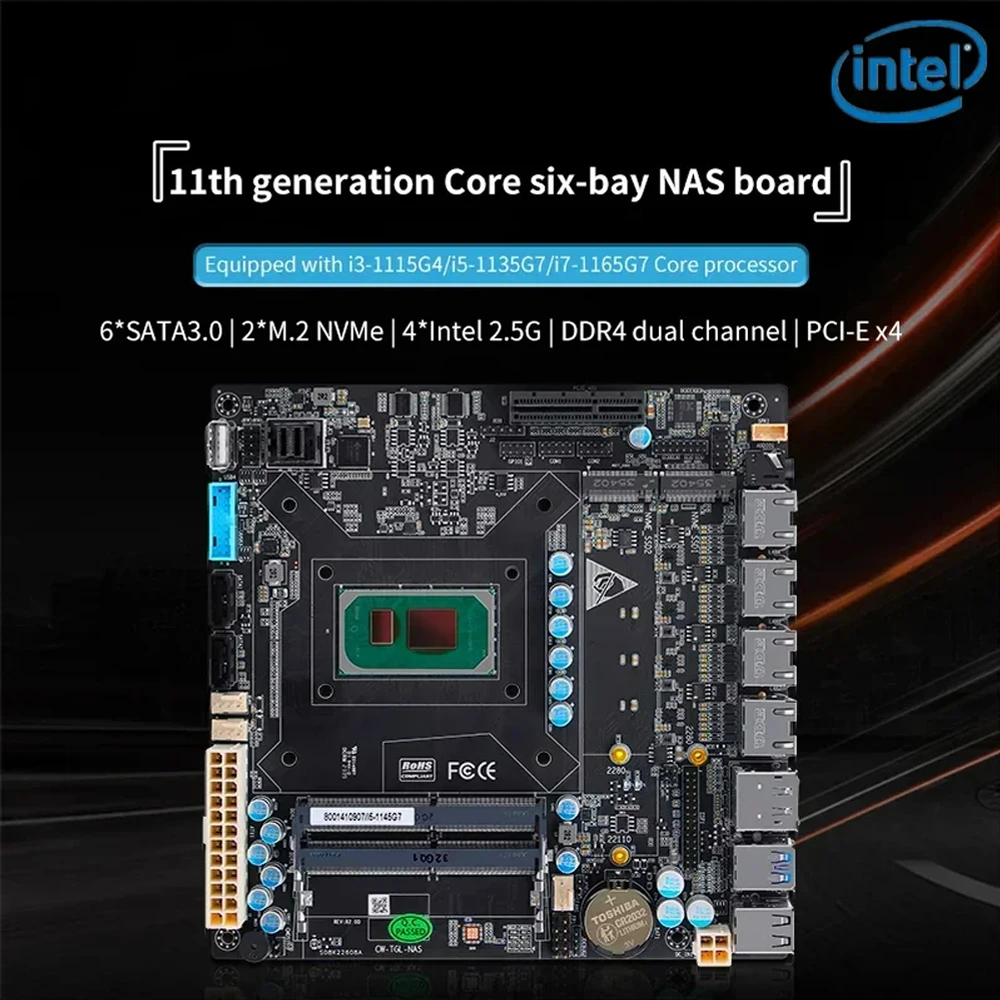 Intel Core i5-1135G7 11th Gen Nas ITX Motherboard 4x i226 2.5G 6xSATA 2xM.2 NVMe PCIEx4 Firewall Board