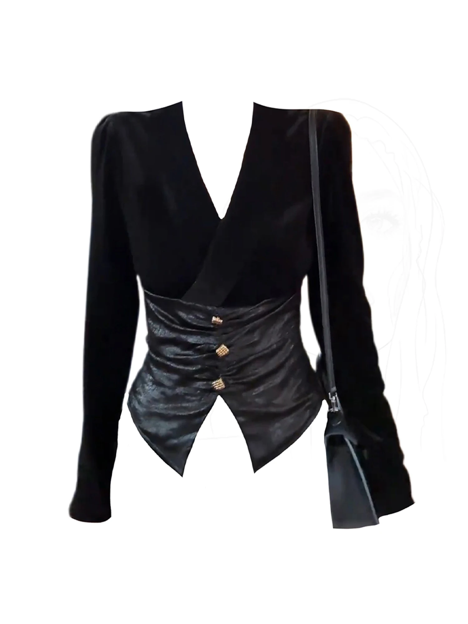 

Women's Black Gothic Velvet Patchwork V-Neck Shirts Blouses Y2k Vintage 2000s Elegant Long Sleeve Oversize Shirt Fashion Clothes