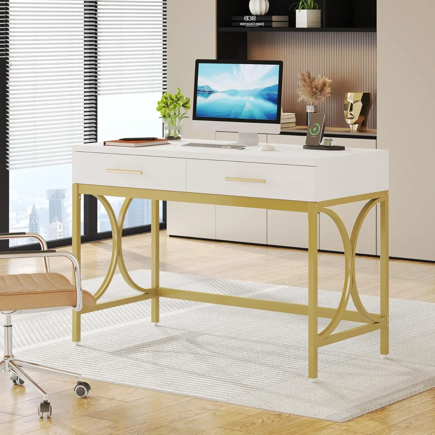 Mesa moderna do computador com 2 gavetas, escrivaninha e mesa de estudo, mesa de escritório para casa e quarto, 41 in