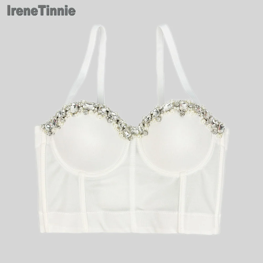 IRENE TINNIE Short Crop Top With Rhinestone&Pearl Bustiers Sexy Corset Colorful Tank Top Women's Binder Bra, 2025 Fashion