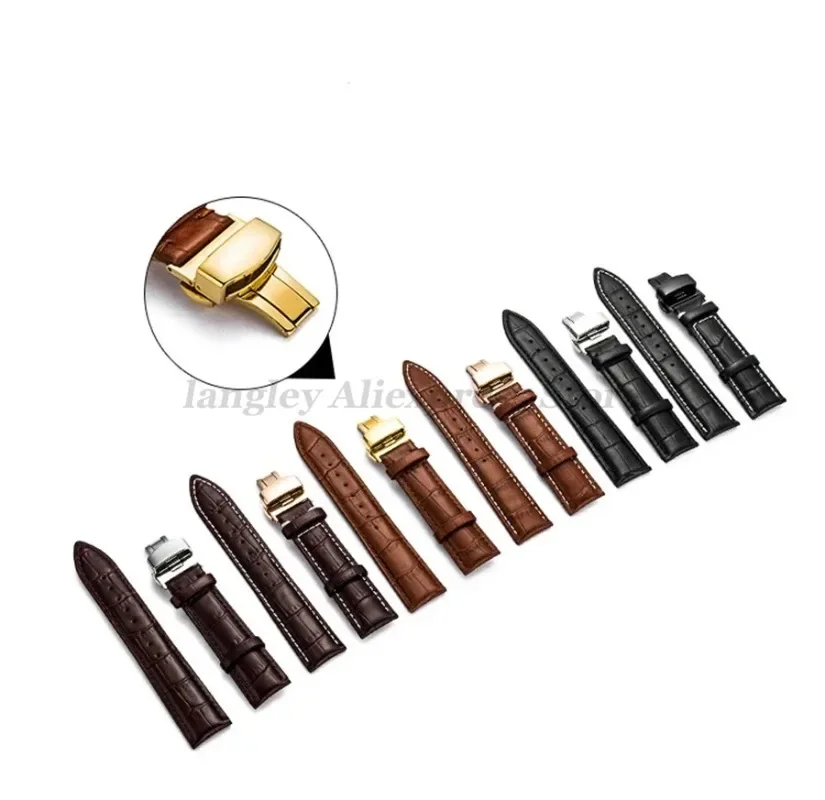 Genuine Leather Watch Band Strap 12/13/14/15/16/17/18/19/20/21/22/23/24 mm Watchband Stainless Steel Butterfly Clasp Wrist Bands