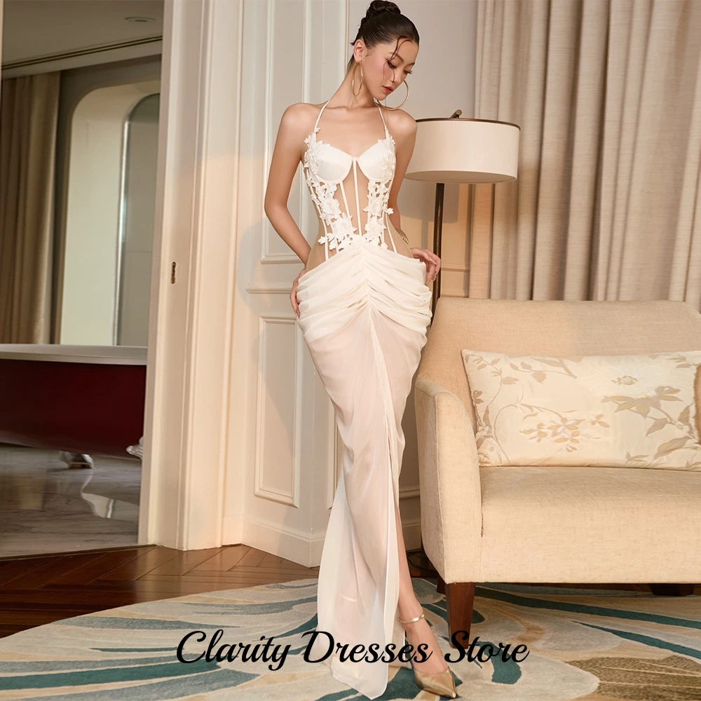 Sexy Customized Halter Mermaid Evening Dresses See Through Organza Pleats  Party Dress Delicate Appliques Sleeveless Prom Gowns image 3