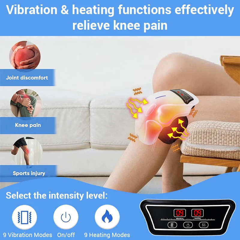 Masaje de rodilla con vibración calentada eléctrica, rodilleras infrarrojas, alivio del dolor articular, temperatura de calentamiento, presión de aire, masaje de codo y pierna