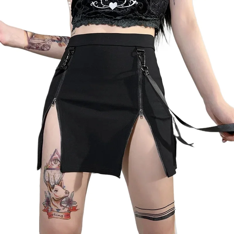 Gothic Bag Hip Skirt Harajuku Black Dark Double Zipper Bag Hip Split Gothic Design Tight Skirt Kawaii Vintage Y2k Skirt