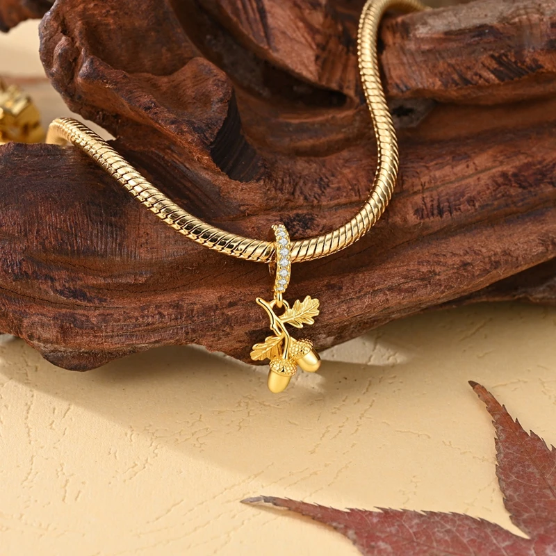 

New 925 Sterling Silver Golden Autumn Oak Fruit Charms Pendant Fit 3mm Original Bracelet DIY Women Exquisite Party Jewelry Gifts