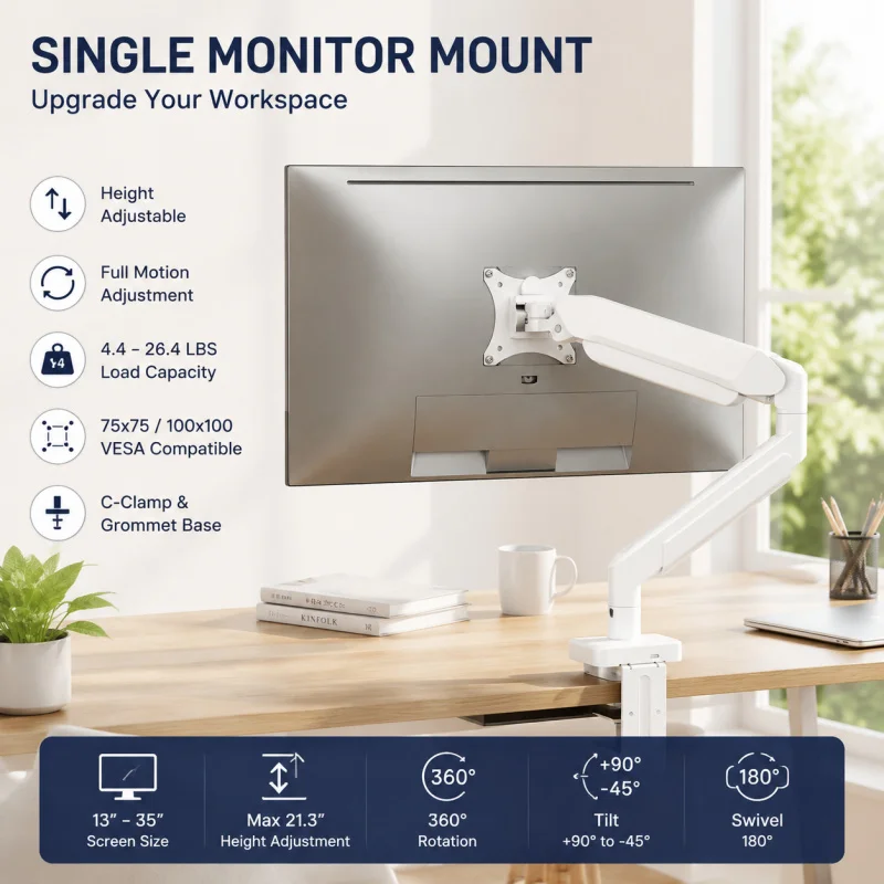 Single Monitor Arm, Fits 13-35 Inch Screens, Height Adjustable with Dual Installation Bases, Ergonomic Stand for Home & Office