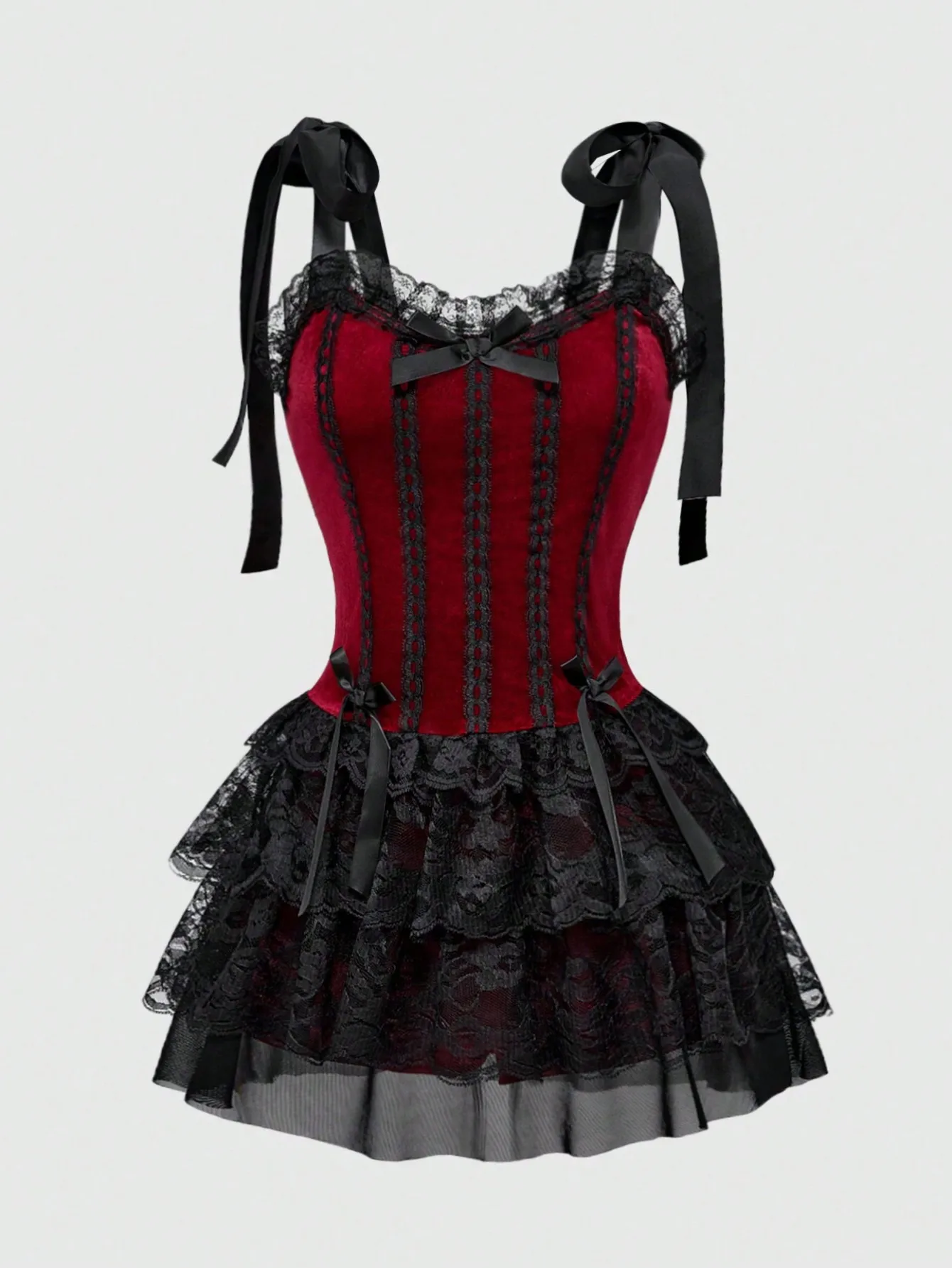 

ROMWE Gothic Vintage Palace Style Contrast Color Lace Trim Cross Pendant Velvet Spaghetti Strap Corset Midi Dress For Women