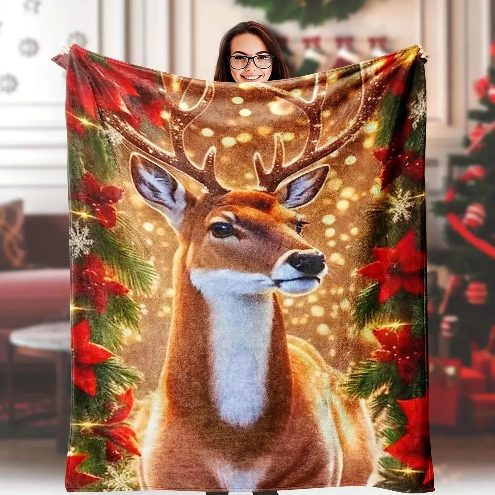 

Custom Christmas Blanket Sherpa Plush Christmas Decorations Reindeer Comfortable Reversible Winter Degree Sofa Blanket