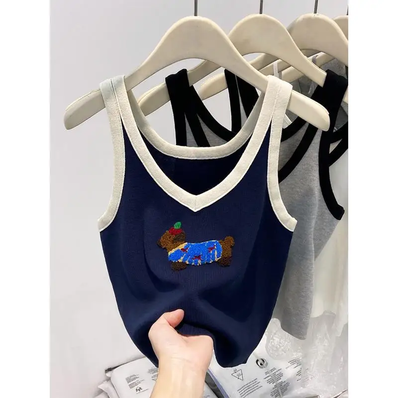 

Women Summer Cartoon Embroidery Crop Top Sleeveless Fashion Casual Elasticity Camisole V-neck Sweet Chic Tanks Tops