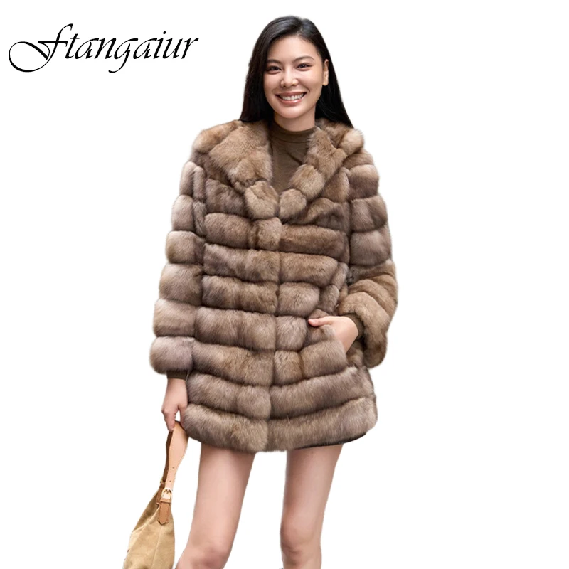 Ftangaiur Winter Import Russian Sable Fur Coat With Fur Hood Sable Coat Women Long Sleeve Short Natural Real Sable Fur Coats