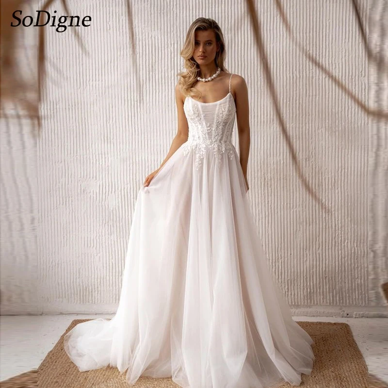 

SoDigne A-line Sleeveless Wedding Dresses Strapless Appliques Tulle Bridal Dress Long Boho Wedding Gown Custom Made