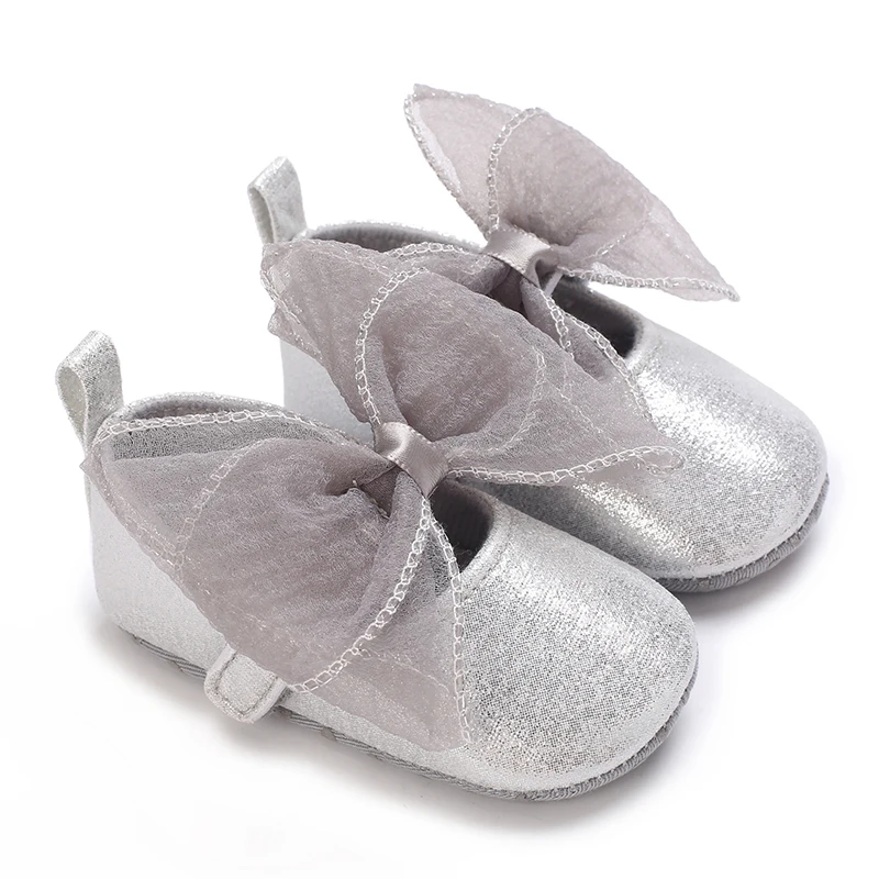 VALEN SINA Newborn Baby Shoes Silver Baby Girl Shoes Princess Shoes Classic Bow Sole Anti Slip Baby Walking Shoes