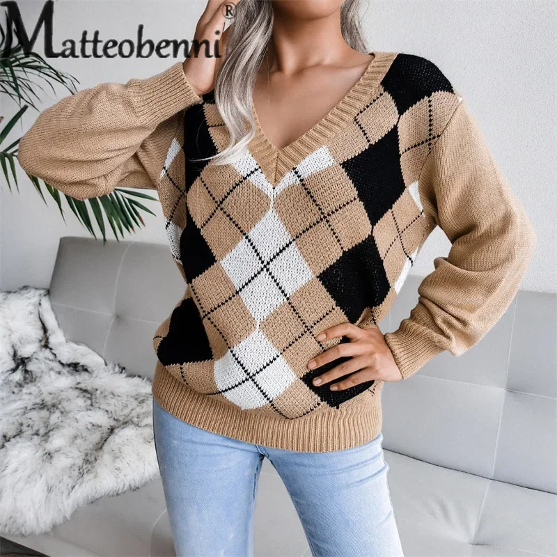 College Style Rhombus Sweater Women Elegant V Neck Pullover Jumpers Female Autumn Winter Casual Loose Knitwear Trend Streetwear