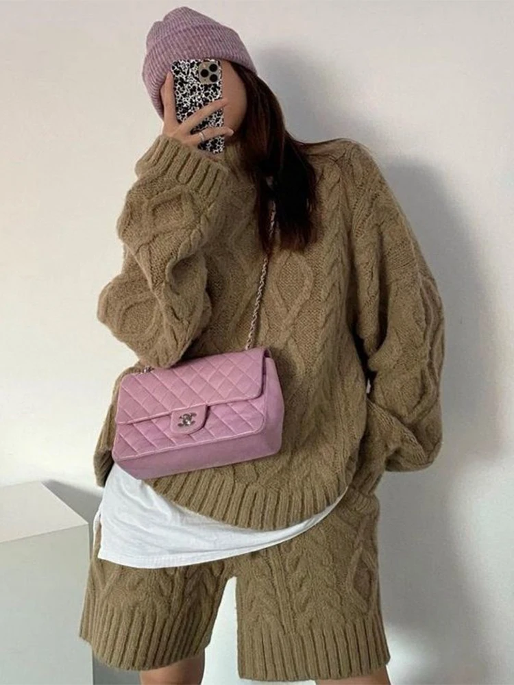 

Шикарный осенне-зимний вязаный свитер с высокой талией и твидовые брюки с высокой талией и рисунком, модный комплект в стиле ретро