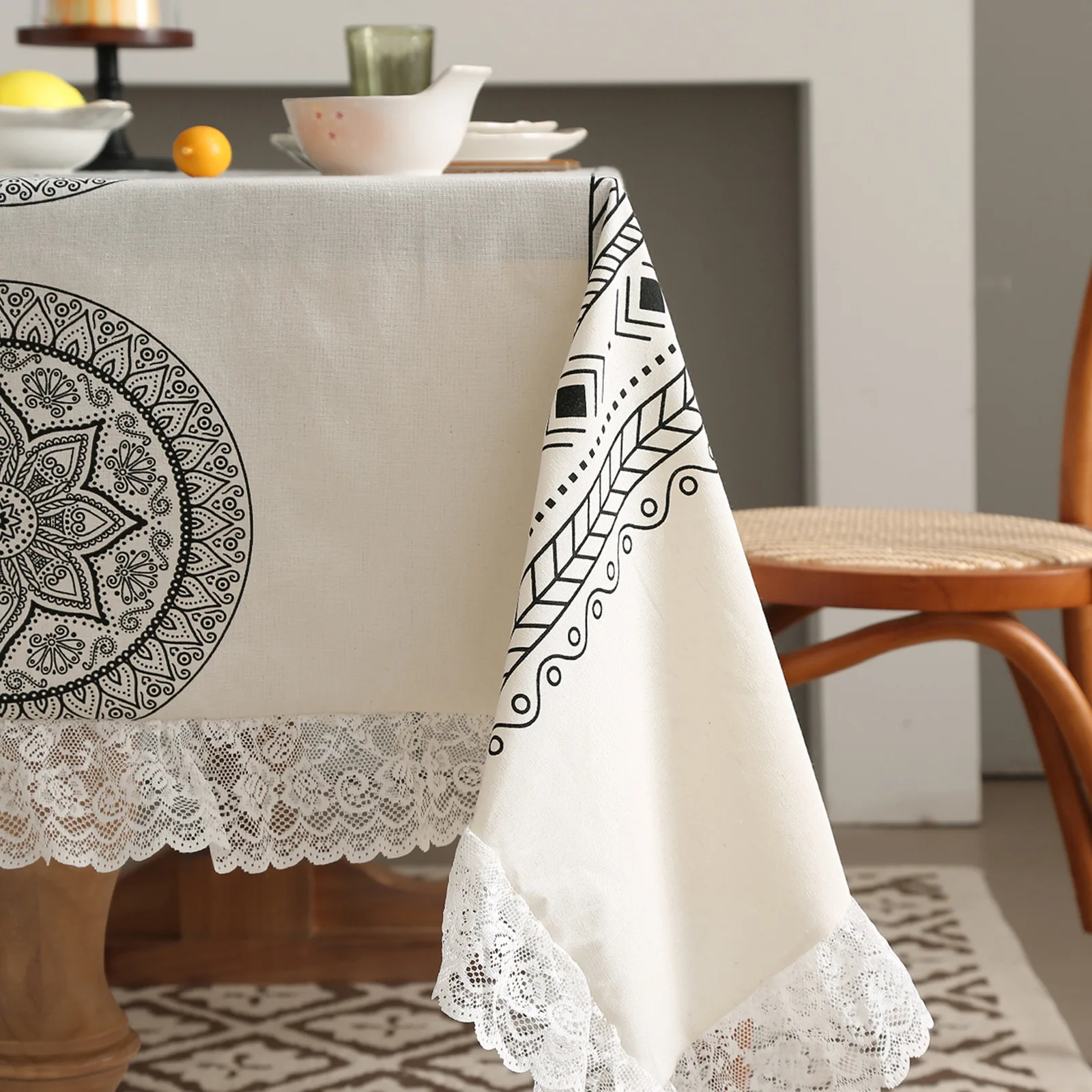 Mantel de algodón con bordes de encaje bohemios, impermeable, lavable, decoración para mesa de té y comedor