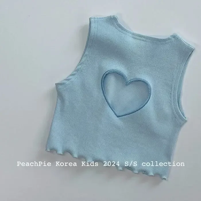 Korea Summer Kids Clothes  Baby Girls Vest Cute Hollow Heart Pink Blue Vest Toddler Fashion Cropped Top Y2k Tee Tops 80-130cm