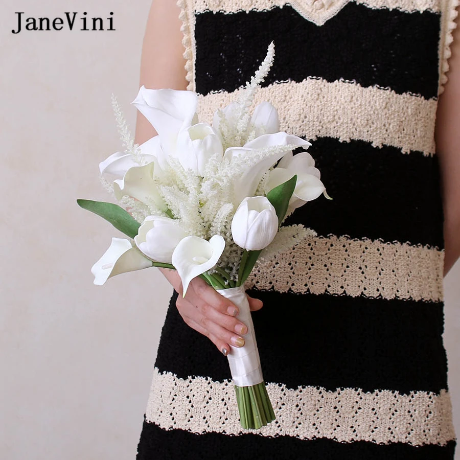 

JaneVini Artifical White Bridal Bouquets Elegant Tulip Boho Wedding Bouquet Silk Calla Lily Bridesmaid Hand Holding Flowers 2022