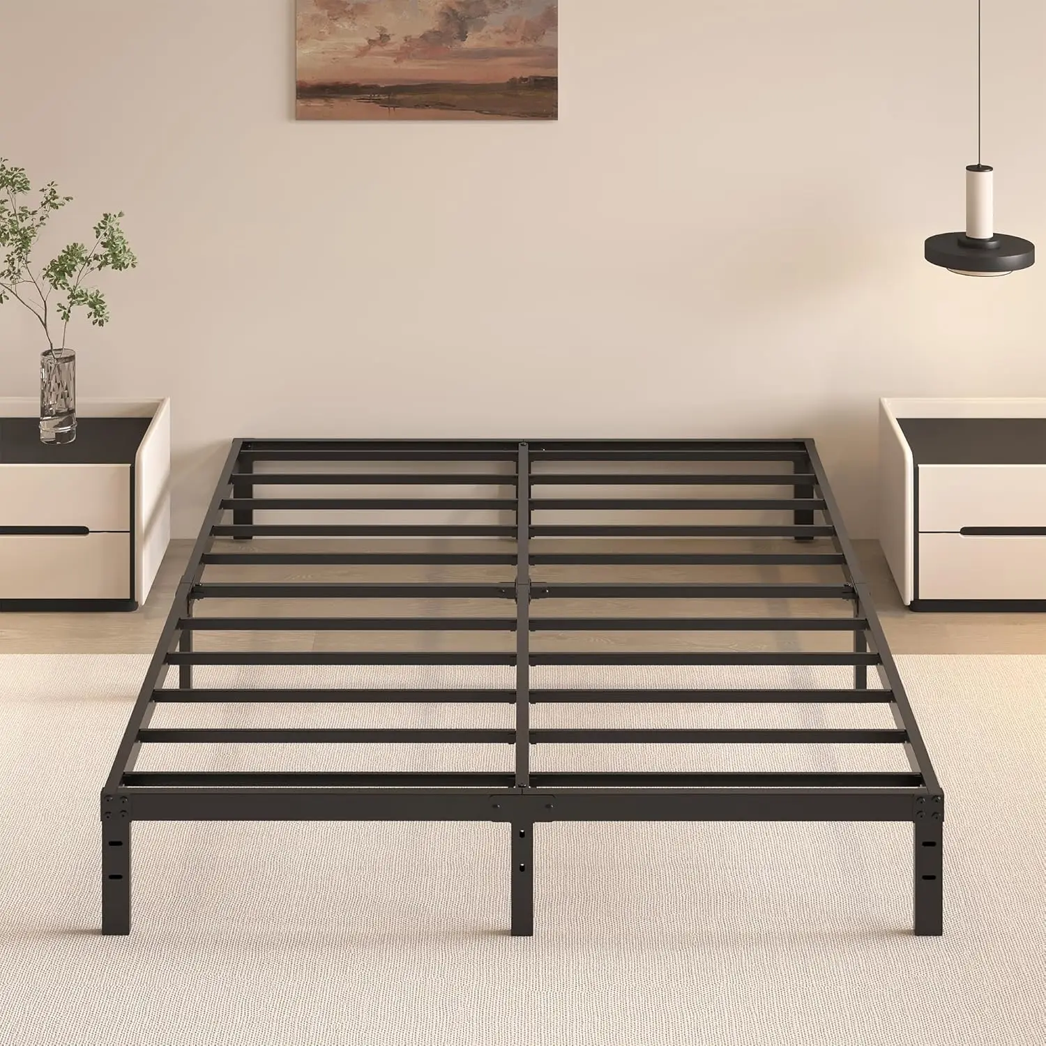 10 Inch Queen Size Bed Frame, Heavy Duty Metal Platform with Steel Slats, No Box Spring Needed, Easy Assembly Black