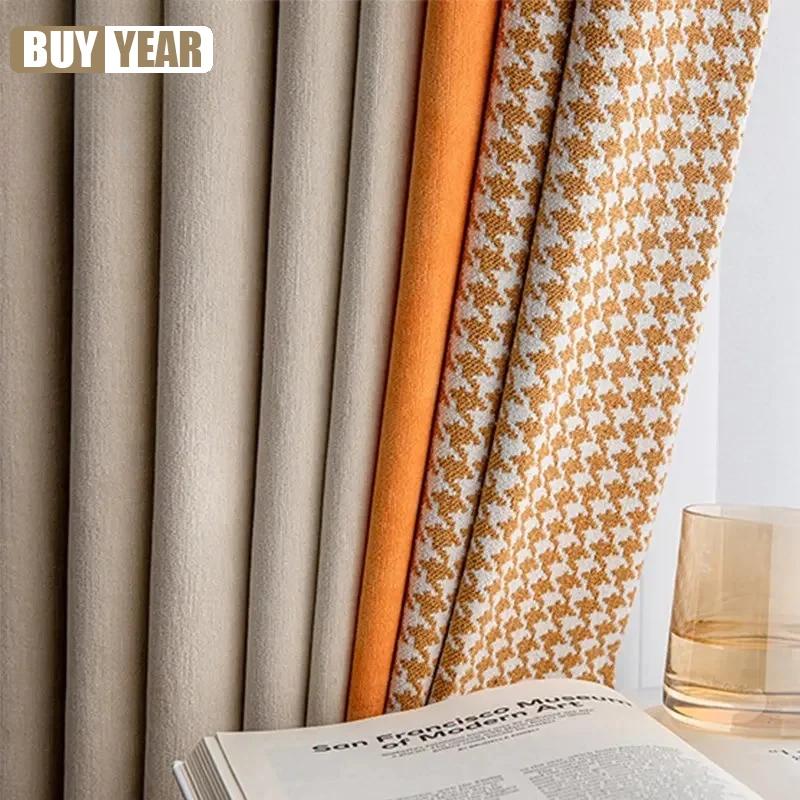 High-end Shading Nordic Simple Houndstooth Color Matching Stitching Modern Light Luxury Curtains for Living Dining Room Bedroom