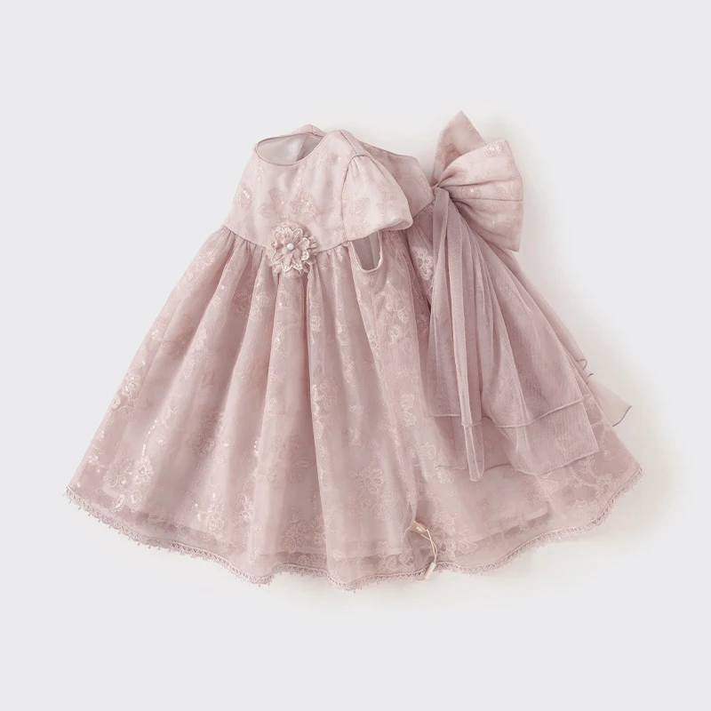 Dave Bella Children Princess Dress for Girls 2024 New Summer A-line Dress Bow Mesh Noble Charm Classy Cute Sweet Party DB2241010