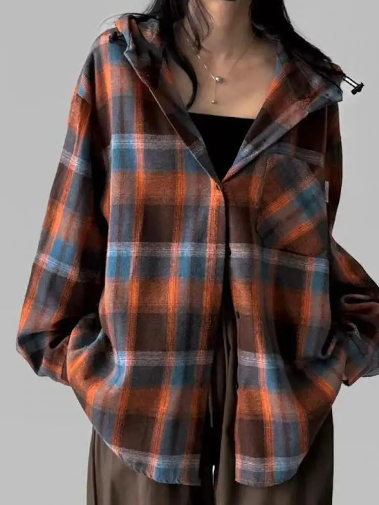 

Корейская женская серая оранжевая клетчатая лоскутная однобортная рубашка с капюшоном, элегантная блузка с длинными рукавами, винтажные весенне-летние топы