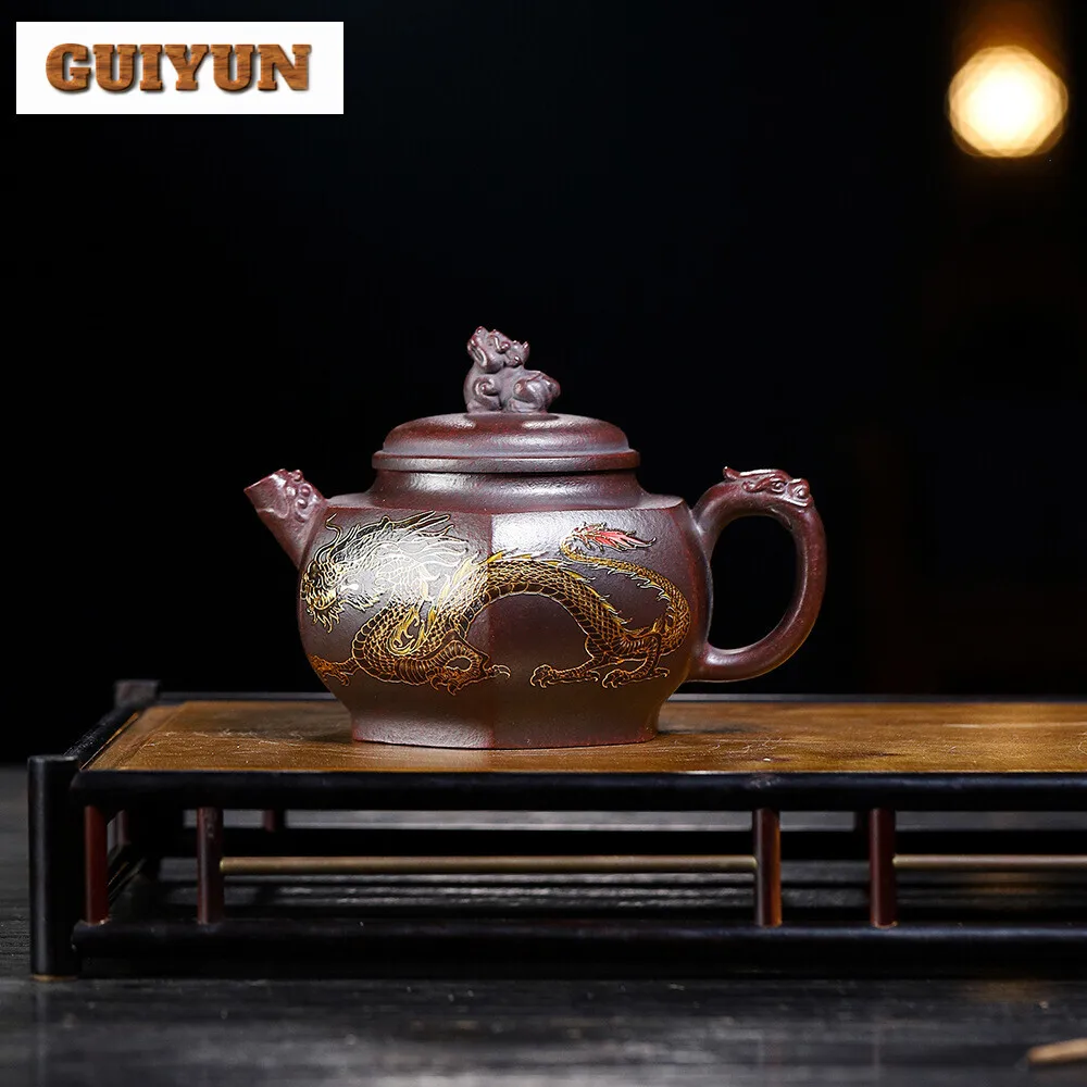 

310ml Chinese Yixing Purple Clay Color Changing Teapots Handmade Iron Blood Red Sand Hexagonal Shape Tea Pot Kettle Zisha Teaset