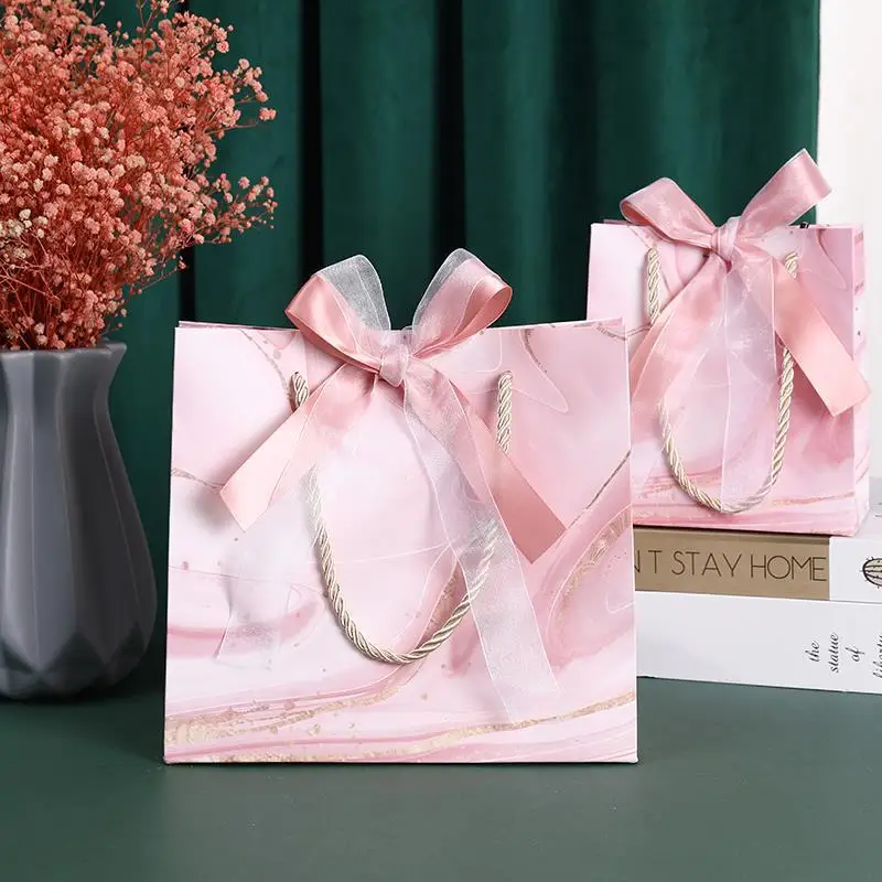 

6pcs Large Marble Pattern Gift Bags With Bowknot Handle Tulle Satin Ribbon Present Bag For Birthday Wedding Bridal