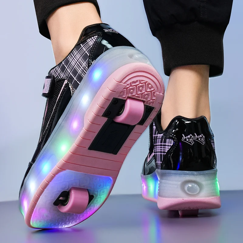 29-43 Fashion Children Two Wheels Glowing Sneakers LED Light Roller Skate Shoes Kids Boys Girls Swivel Buckle Sport Casual Shoes