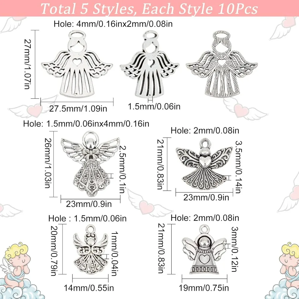 50Pcs 5 Style Guardian Angel Charms Angel Wing Charms Bless Lucky Charm Fairy Wing Tibet Style Alloy making kit