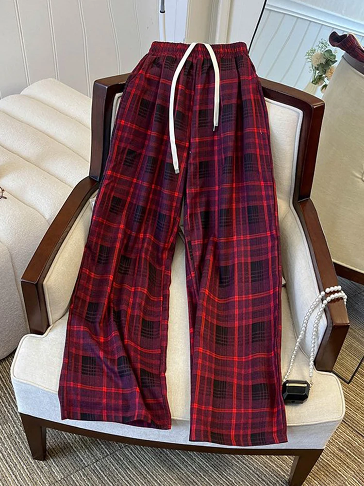 

Винтажные красные широкие брюки женские корейские повседневные осенне-зимние прямые брюки с высокой талией на шнуровке женские свободные джоггеры женские