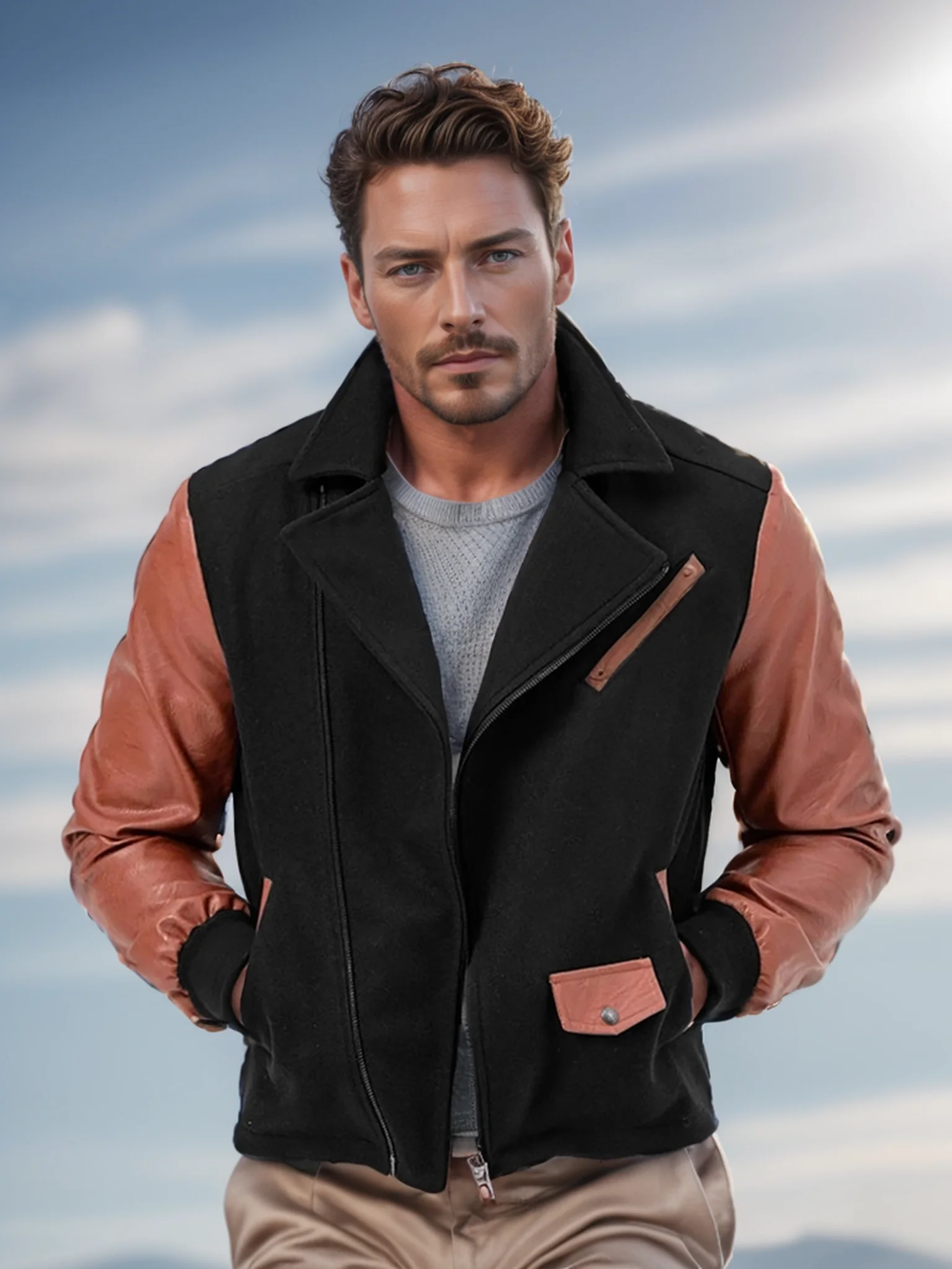 Men\'s new PU leather jacket spliced ​​woolen lapel jacket color matching trendy versatile men\'s clothing zipper jacket