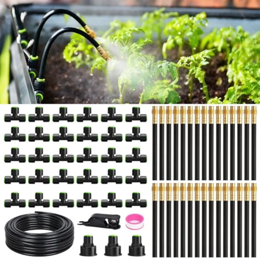 100FT Drip Irrigation System Garden Watering Kit with 30pcs 360 Adjustable Copper Nozzles Automatic Atomizing Watering Sprinkle