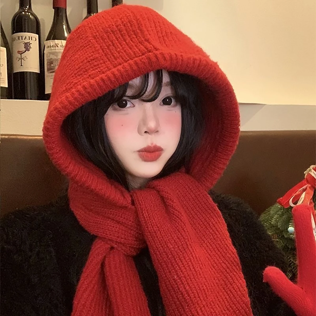 Korean Balaclava Bonnet Beanies Y2K Hat Scarf One-Piece Thickened Warm Retro Neck Protection Winter Accessories Knitted Law Hat