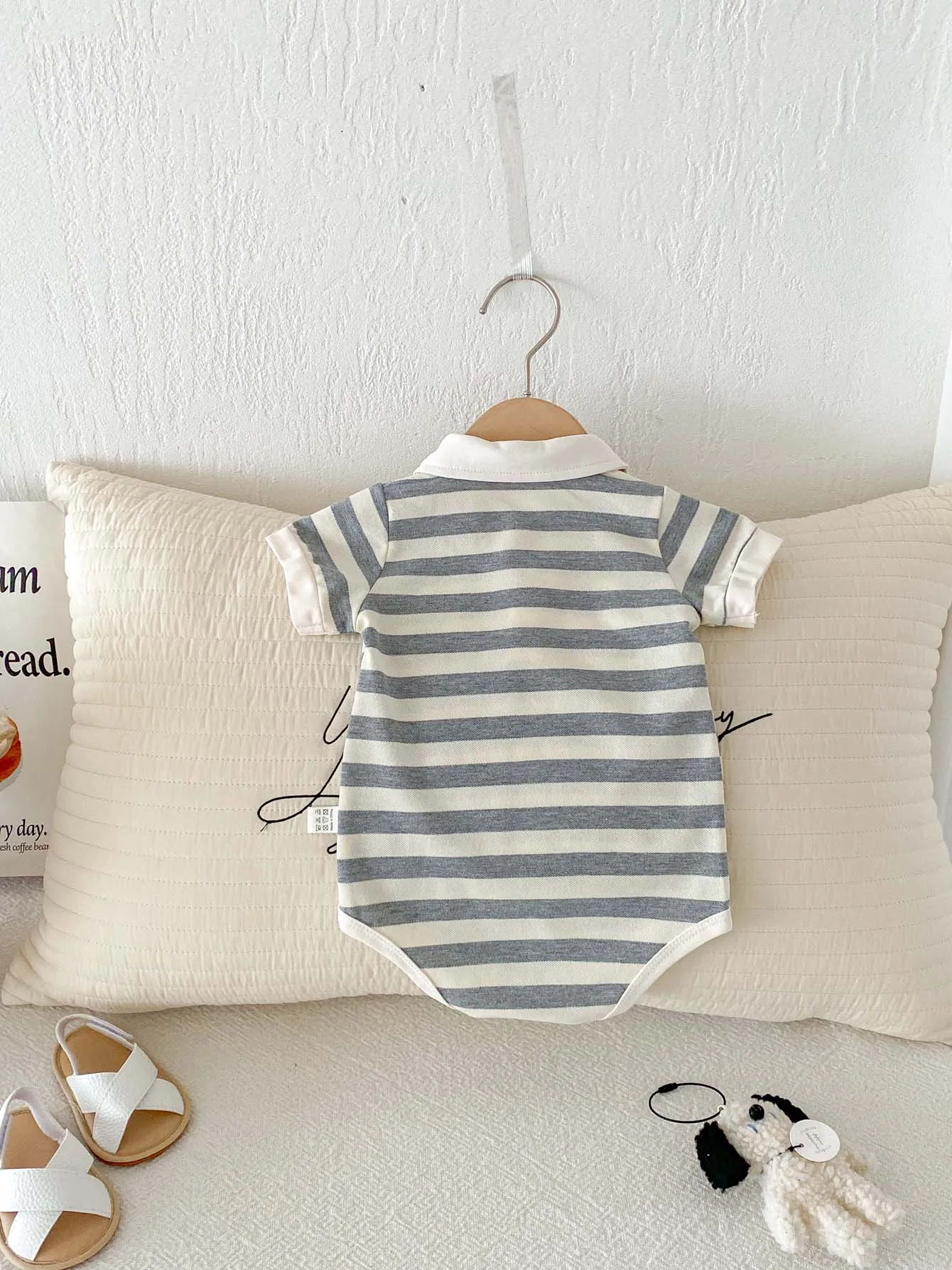 Summer baby boy letter embroidered lapel jumpsuit, baby boy fashion striped jumpsuit, perfect for going out