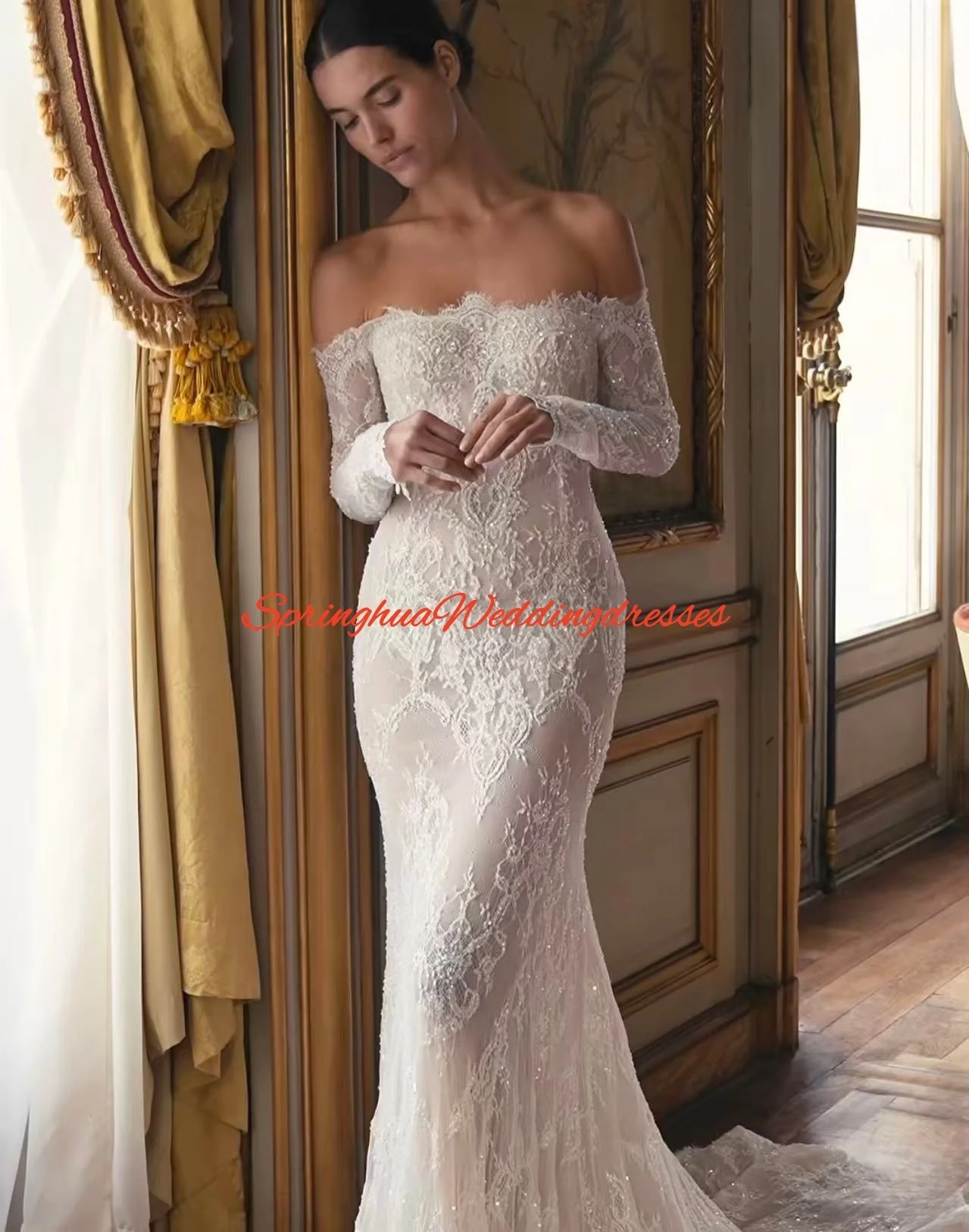 

Customized Exquisite Lace Applique Off the Shoulder Mermaid Wedding Party Dresses Luxury Beaded Evening Dress Prom Gowns
