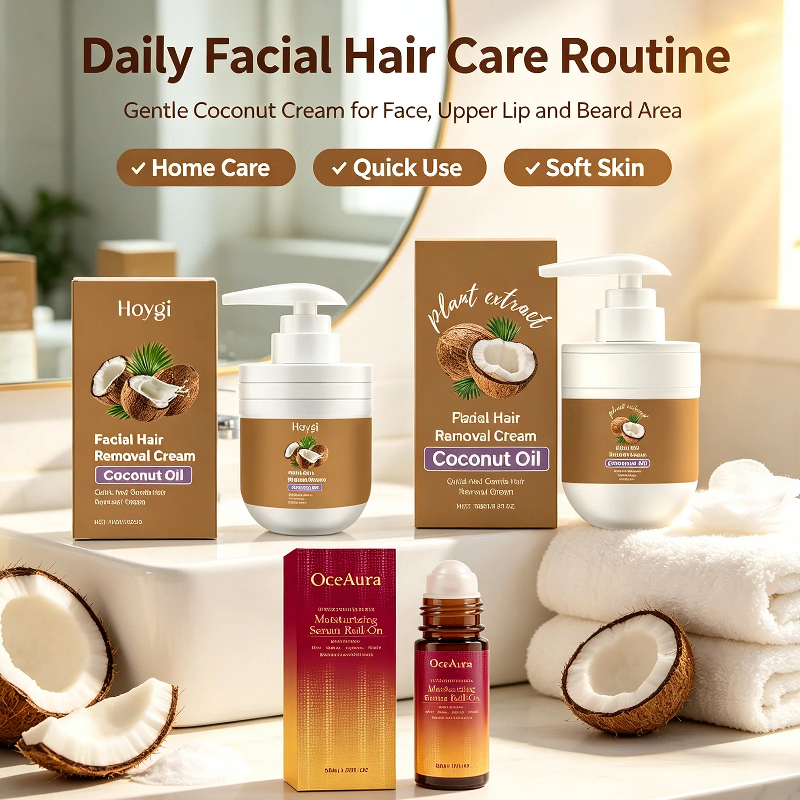 Kit Creme Depilatório Facial e Óleo Roll-On Pós-Depilação com Coco: Fórmula Suave para Pele Lisa e Calmante para Rosto, Axilas e Pernas