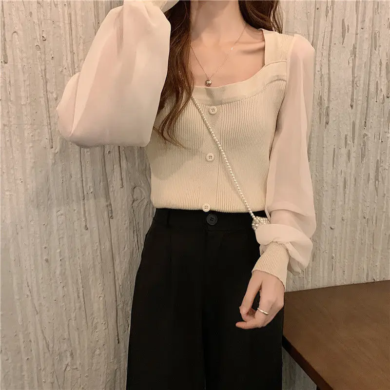 Top de punto de estilo suave para mujer, diseño Sense, primavera y otoño, nuevo cuello cuadrado corto, mangas largas