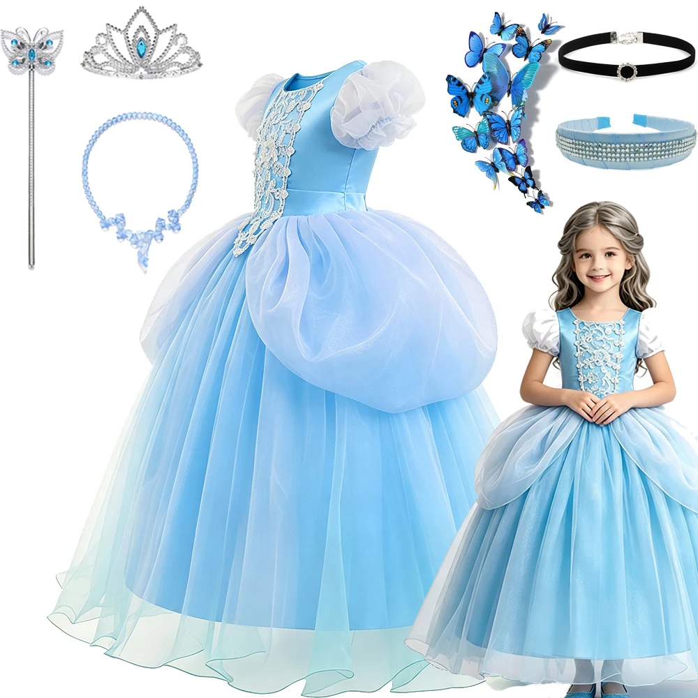 Kid Fairy Tale Glass Slipper Cinderella Birthday Dress Children Summer Lace Princess Puff Skirt Halloween Carnival Party Cosplay
