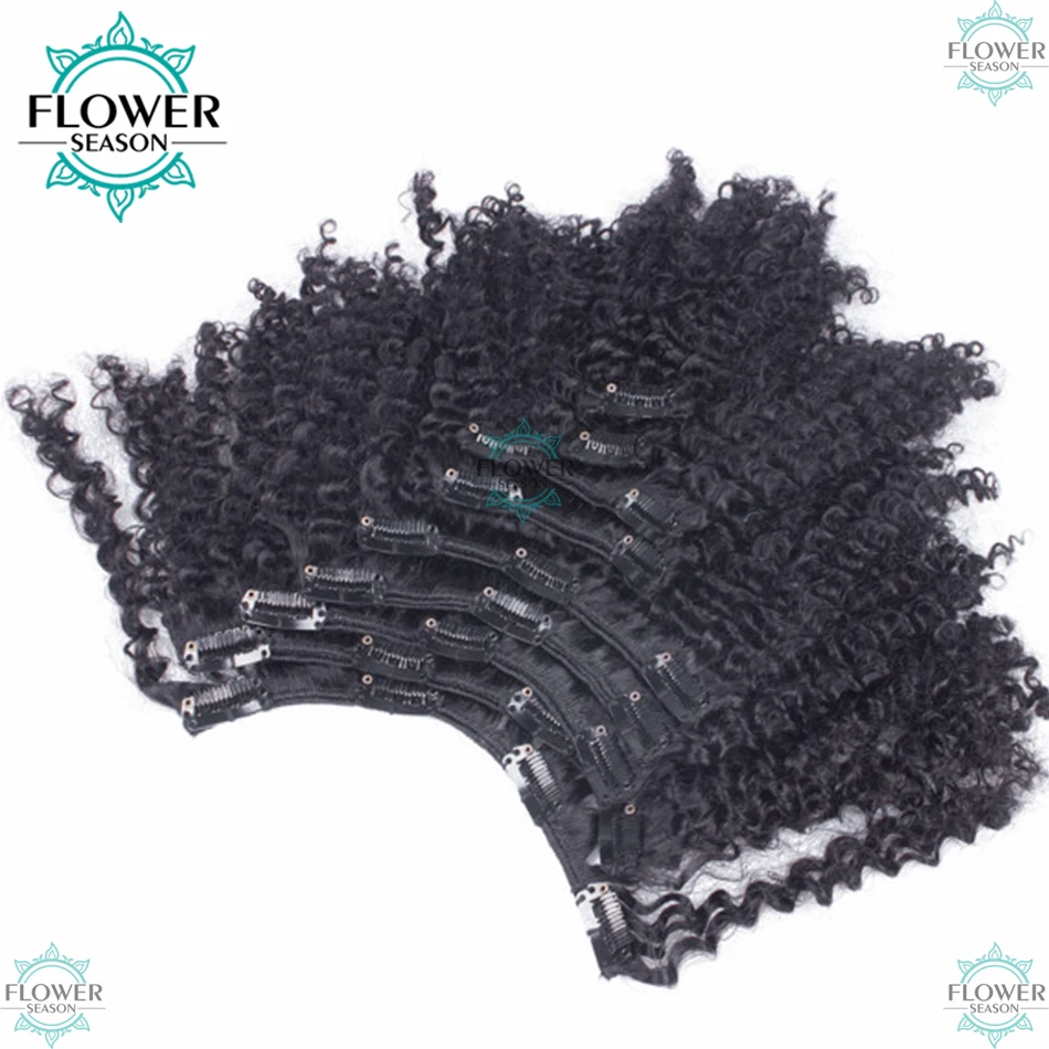 Kinky Krullend Clip In Virgin Braziliaanse Human Hair Extensions Clip In 8 Stks/set 100G Krullend Natuurlijke Zwarte Kleur Inslag flowerseason