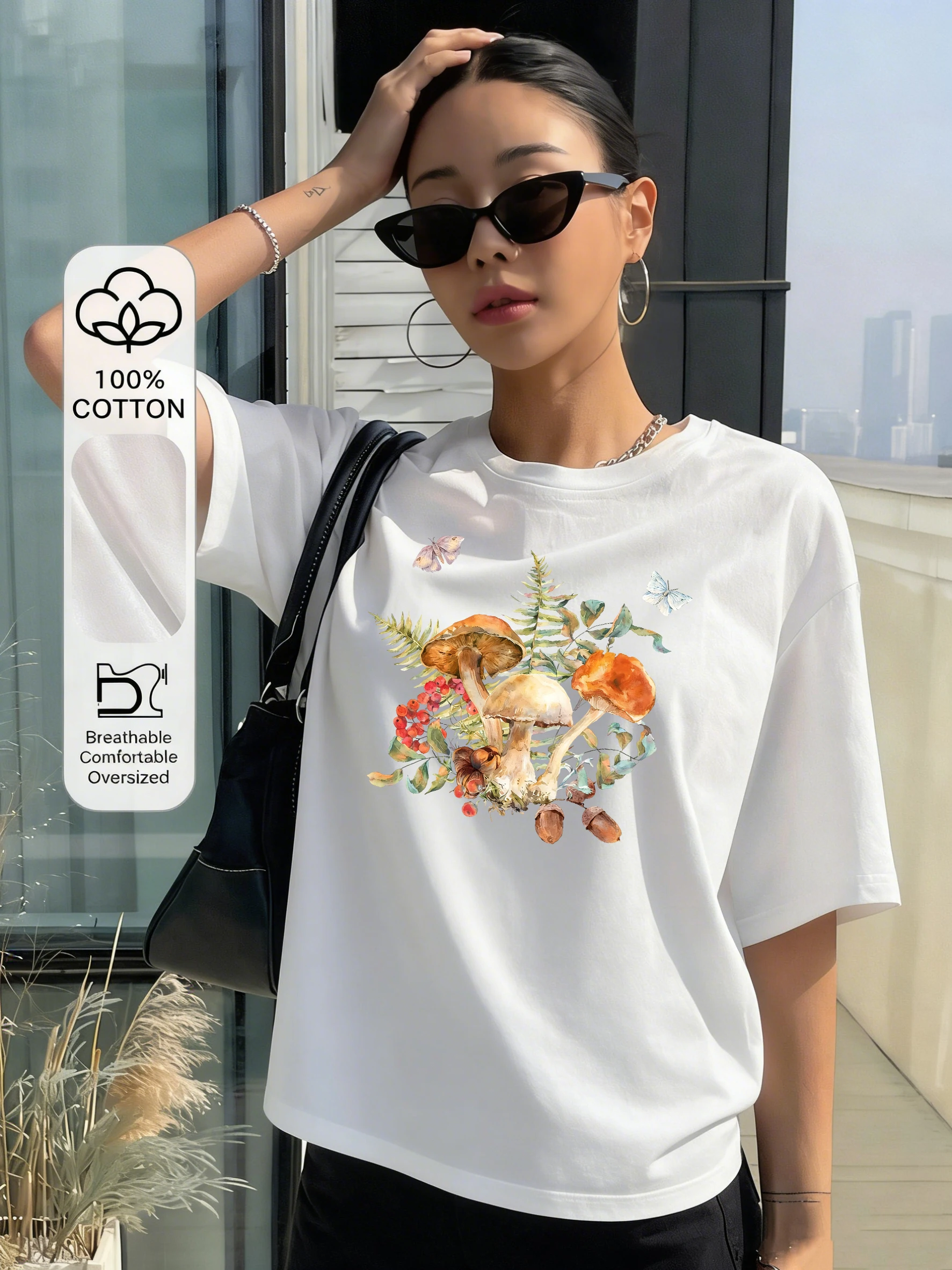 Acorn Butterfly Mushrooms Prints Cotton T-Shirts Women Summer Short Sleeve T Shirts O-Neck Soft Oversized Tops Basic Clothes
