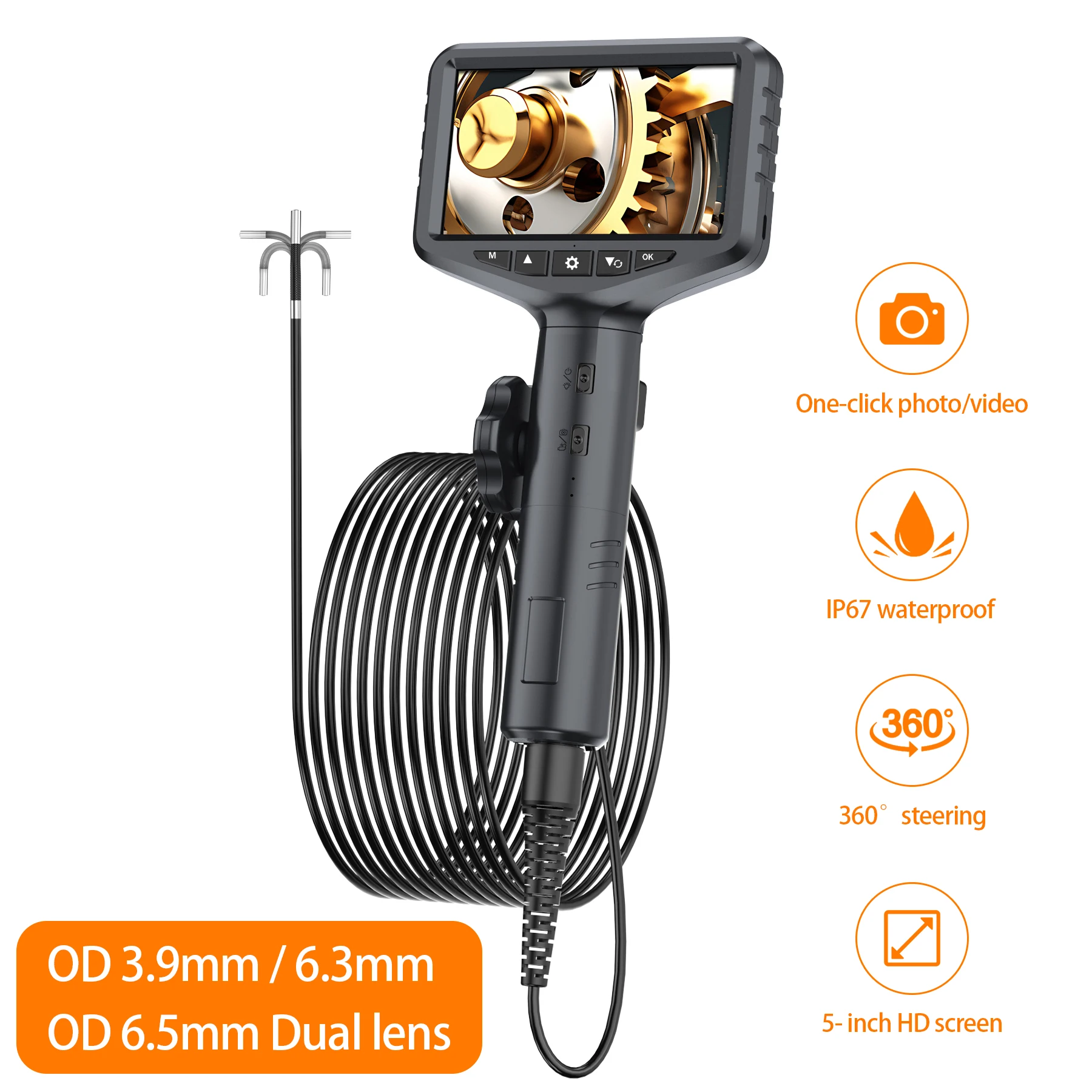 Endoscópio Industrial com Luz, 1080 HD, Direção 360 °, Tela IPS, Lente de Câmera de Inspeção para Le Simples e Duplo, 3,9mm, 6,3mm, 5 pol