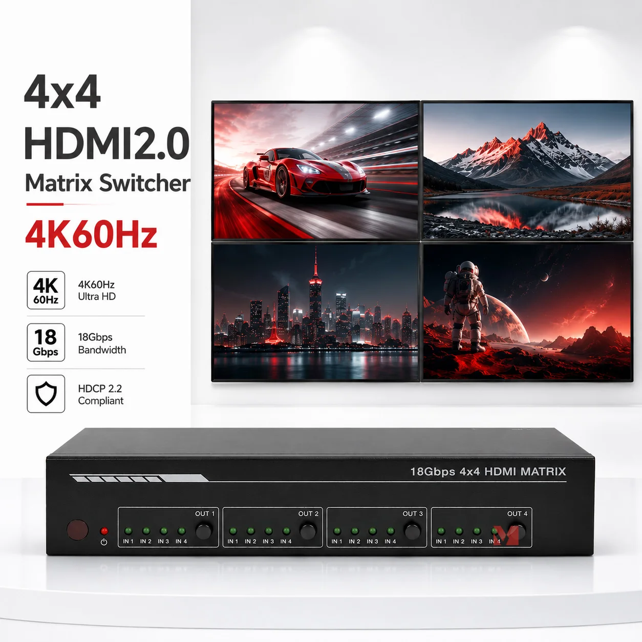 4x4 HDMI 2.0 Matrix Switcher 4K60Hz 18Gbps HDMI Matrix with Audio L/R Coaxial ARC EDID TCP/IP RS232