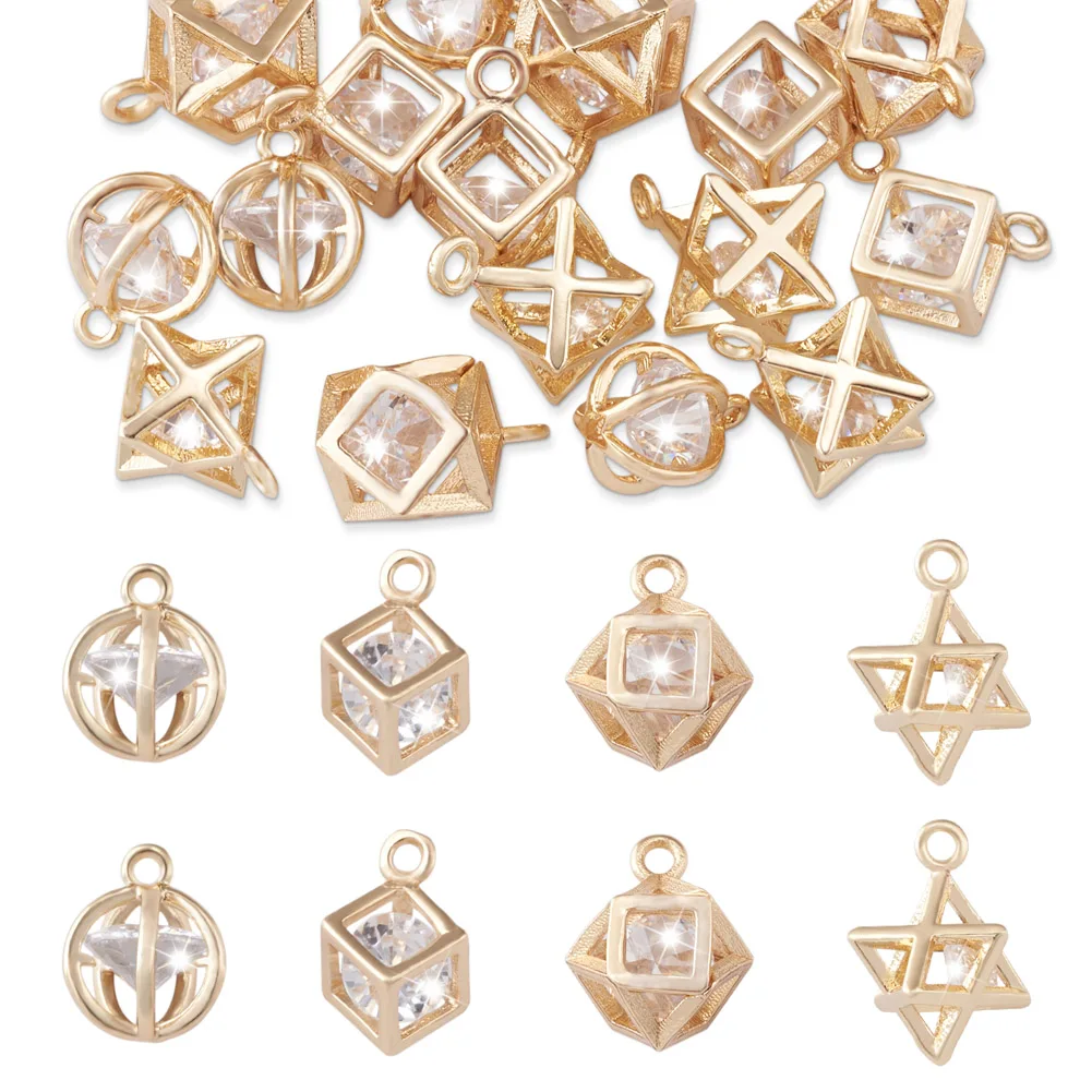 Kissitty 16 Pcs Mixed Shapes Light Gold Color Brass Clear Cubic Zirconia Charms for Necklaces Bracelets Earrings Gift