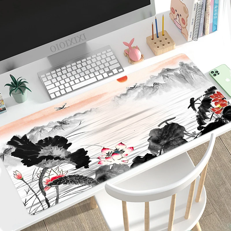 Podkładka pod mysz w stylu chińskim z motywem malarstwa tuszem, gamingowa XL, duża podkładka pod komputer, personalizowana podkładka XXL, z naturalnej gumy, antypoślizgowa, miękka, do laptopa, do biura. — zdjęcie produktu 3