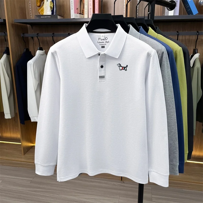 Herbst Neuheit: Herren Langarm-Poloshirt, Einfarbig mit Stickerei, 100% Baumwolle, Lässige Mode-Herrenbekleidung – Detail 8